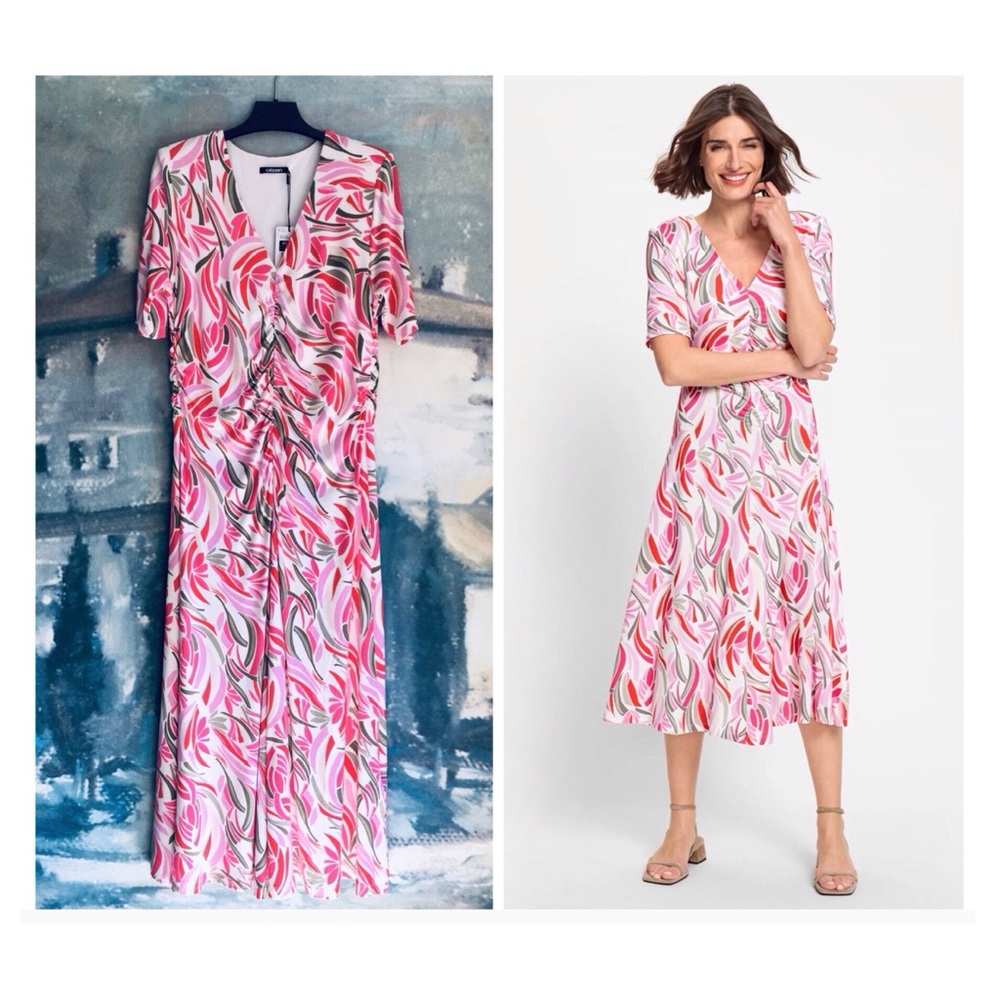 Olsen Pink Leaf Design Jersey Ruched Front Midi Dress Size Large - Picture 3 of 13